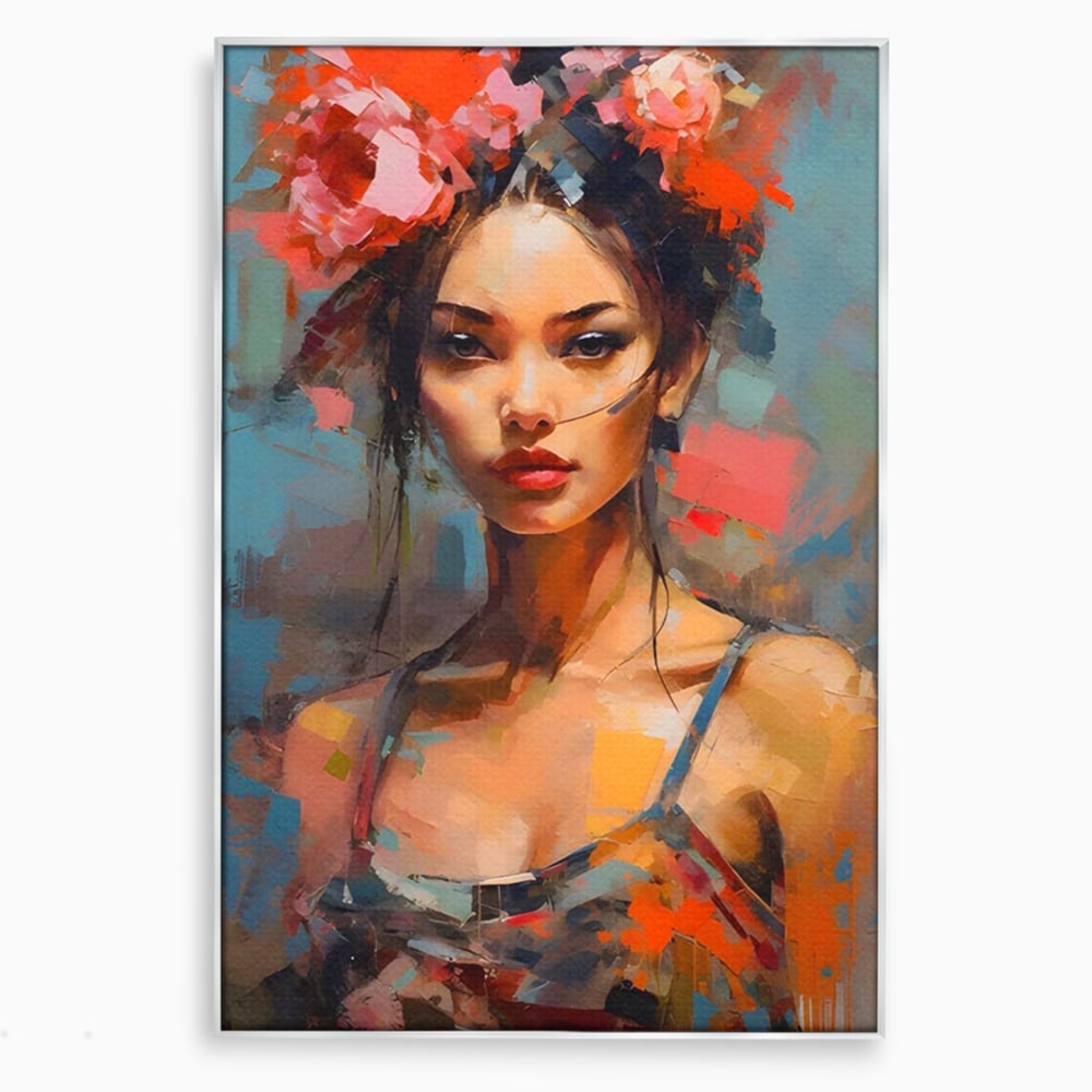 Tablou canvas cu tablou canvas cu portret de femeie, in rama de aluminiu argintiu
